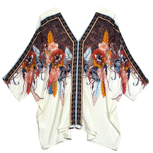 Rose + Olive Cream Multi Boho Floral Dolman 3/4 Sleeve Flowy Blouse Kimono Sz 1X - Picture 5 of 7